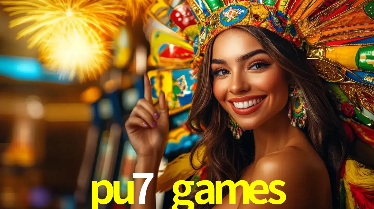 Mulher sorridente com um cocar de carnaval vibrante e colorido, celebrando uma grande vitória nos jogos do cassino pu7 games com fogos de artifício ao fundo.
