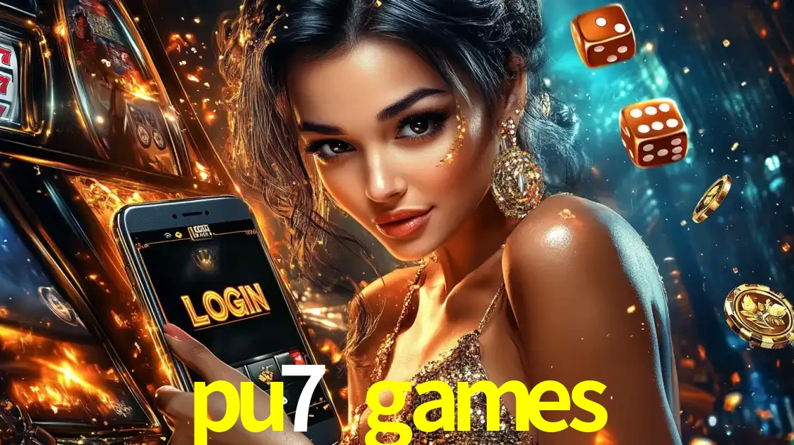 Mulher glamourosa segurando um celular com a tela de login do cassino pu7 games, rodeada por dados e moedas douradas, pronta para começar a diversão.