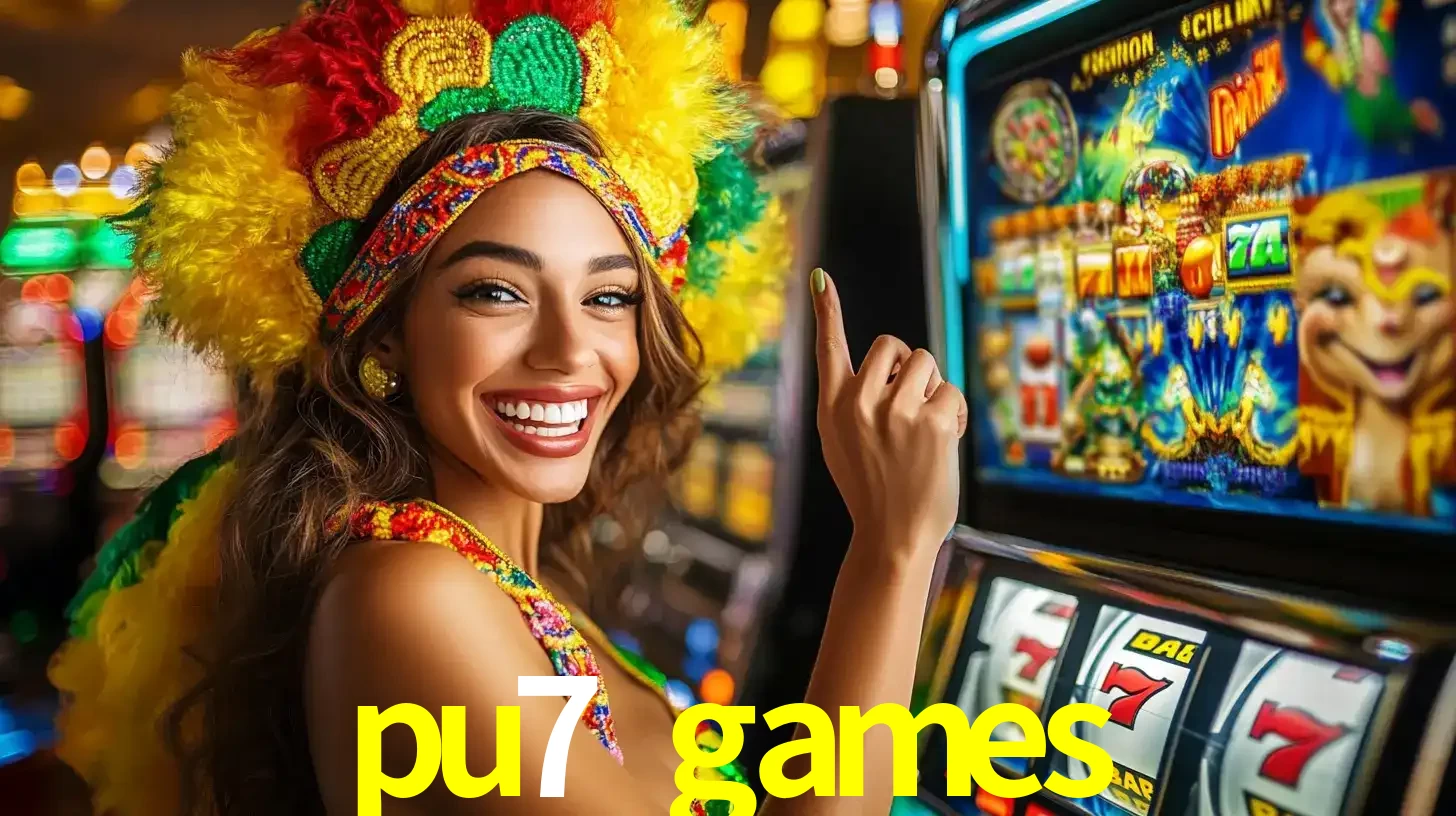 Mulher animada com um cocar de carnaval apontando para uma máquina de caça-níqueis, mostrando a emoção de ganhar um grande prêmio nos jogos do pu7 games.