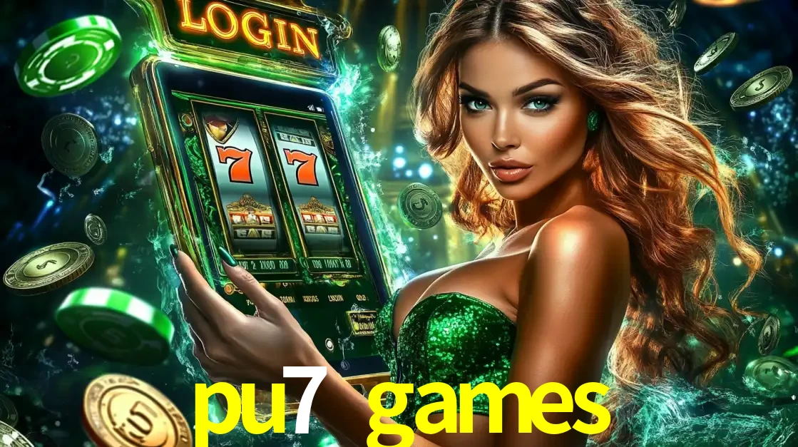 Mulher com tema verde apresentando o aplicativo do cassino pu7 games com um jogo de slot de 777, cercada por fichas de cassino e uma aura de sorte.