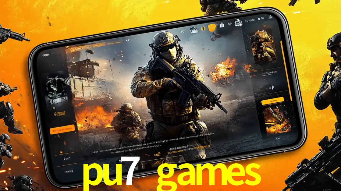 Um smartphone exibindo a interface de um jogo de tiro em primeira pessoa, com um soldado em um cenário de batalha, representando a ação dos e-sports para apostar no pu7 games.