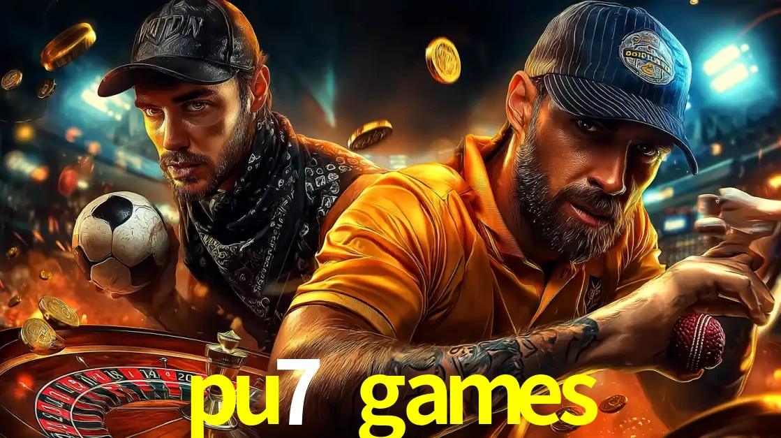 Montagem de apostas esportivas e cassino no pu7 games, com um homem segurando uma bola de futebol e outro uma de beisebol sobre uma roleta e moedas voadoras.