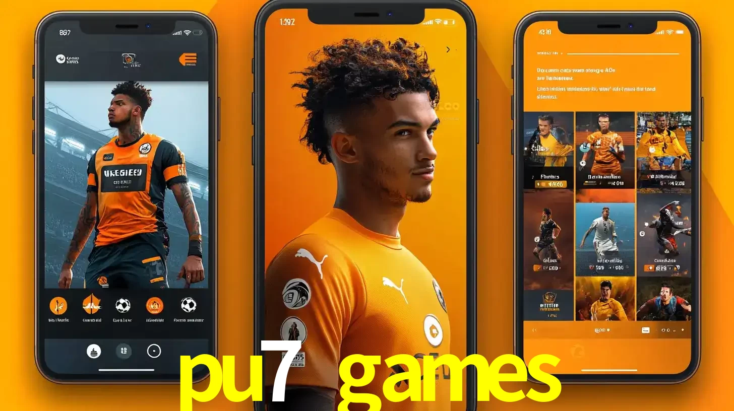 Interface do aplicativo de apostas esportivas pu7 games em três telas de celular, mostrando o perfil de um jogador de futebol e a lista de jogos disponíveis para apostar.
