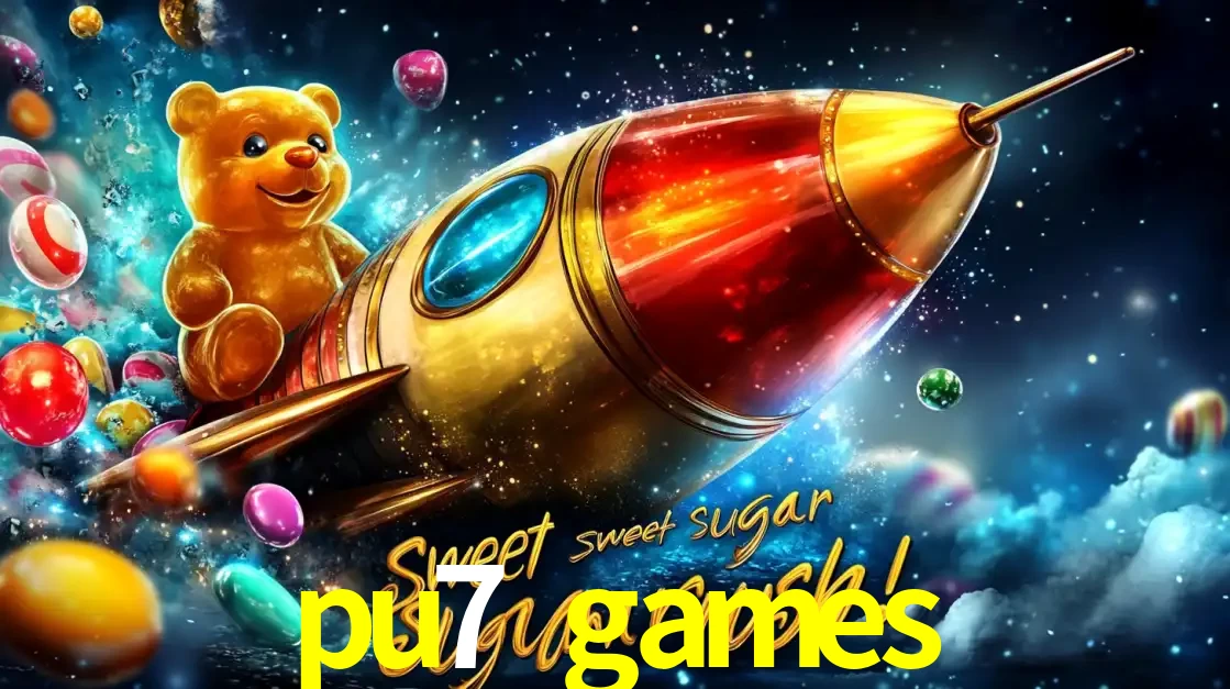 Arte promocional do jogo de slot Sugar Rush, com um urso de pelúcia em um foguete viajando pelo espaço de doces, um dos jogos divertidos disponíveis no cassino pu7 games.