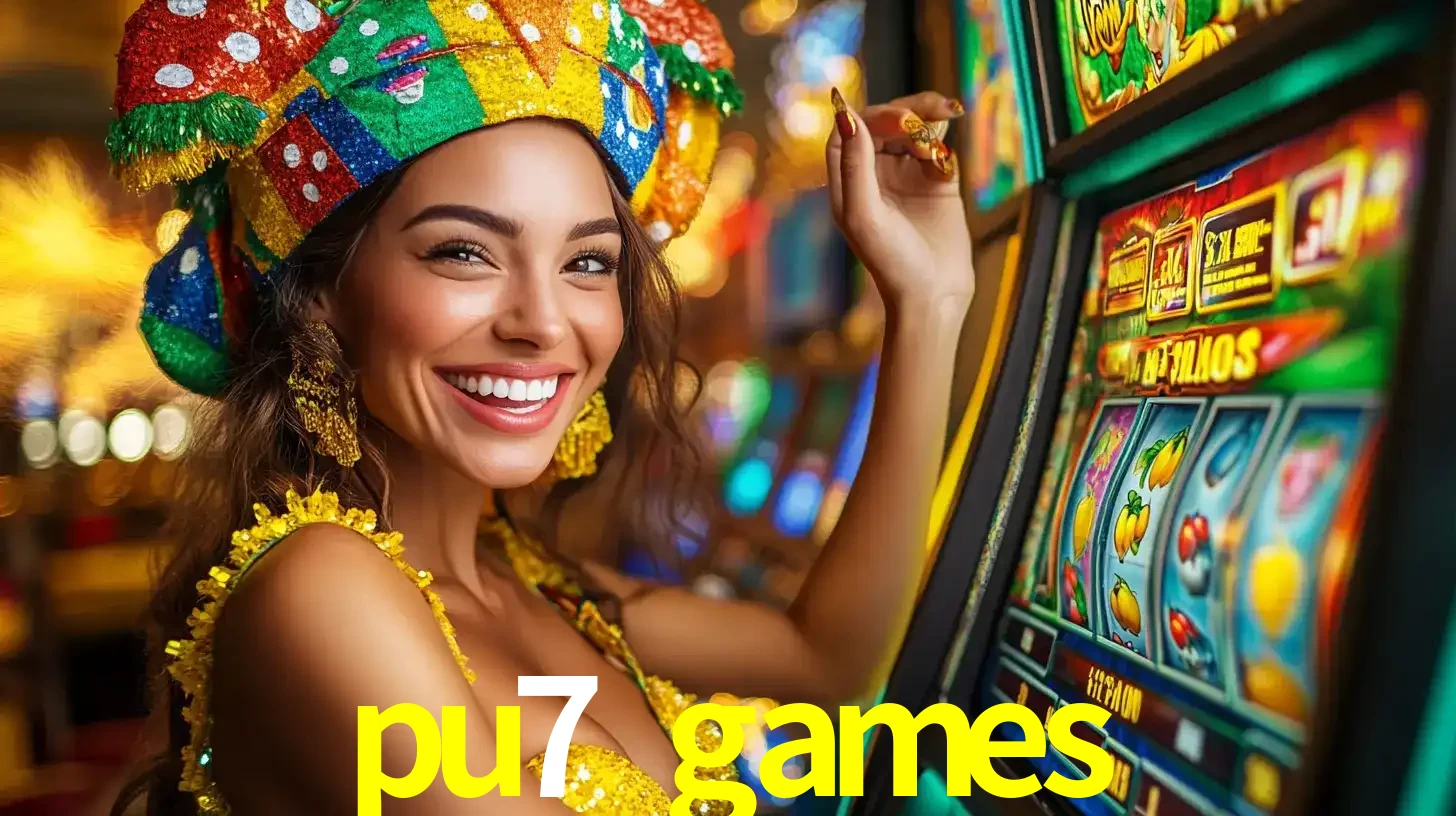 Mulher feliz com traje de carnaval amarelo e colorido ao lado de uma máquina de caça-níqueis, aproveitando a diversão e os jogos temáticos do cassino pu7 games.