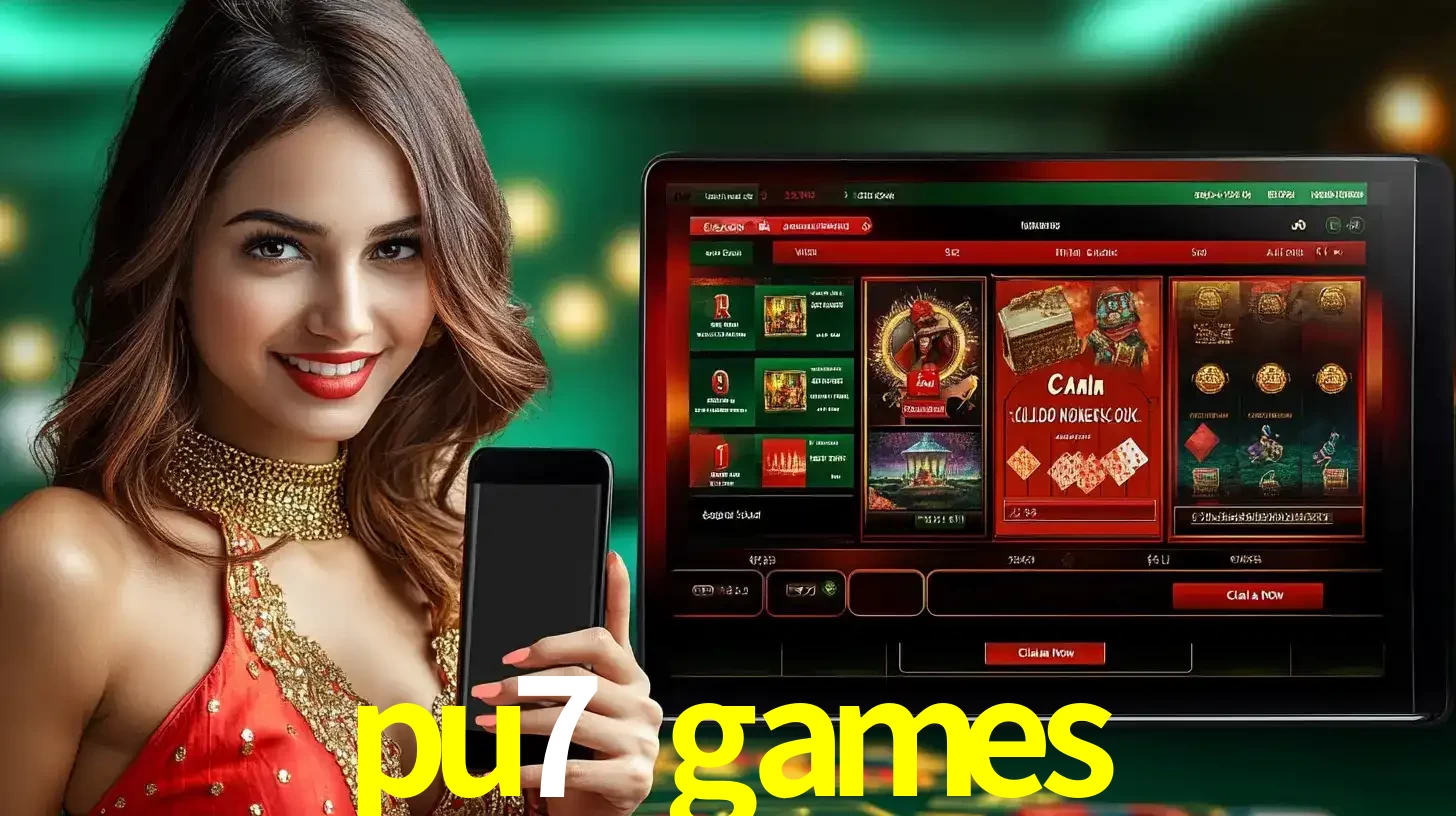 Mulher sorridente segurando um smartphone, ao lado de uma tela exibindo o lobby de jogos do cassino online pu7 games, com várias opções de jogos de cartas e slots.